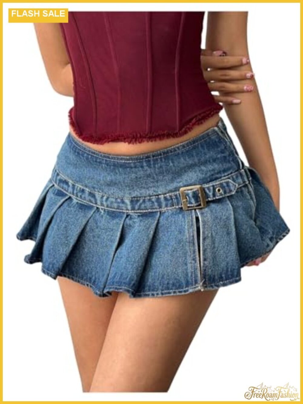 WDIRARA Low Rise Pleated Mini Denim Skirt Y2K Buckle Belt A-Line